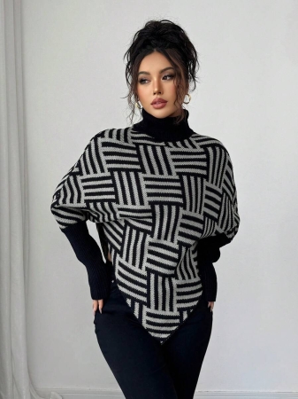 Elenzga Women's Elegant High Neck Geometric Textured Poncho Sweater, Colorblock, Suitable For Home & Travel, Spring/Autumn - Image 11