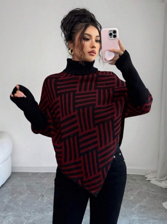 Elenzga Women's Elegant High Neck Geometric Textured Poncho Sweater, Colorblock, Suitable For Home & Travel, Spring/Autumn - Image 14