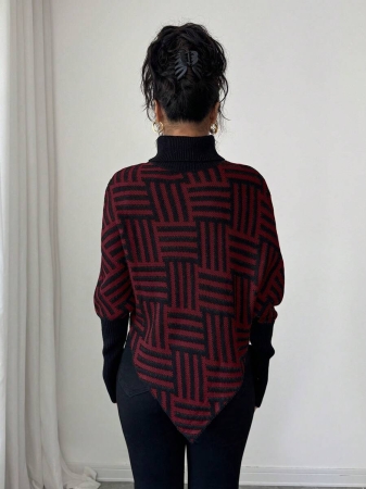 Elenzga Women's Elegant High Neck Geometric Textured Poncho Sweater, Colorblock, Suitable For Home & Travel, Spring/Autumn - Image 15