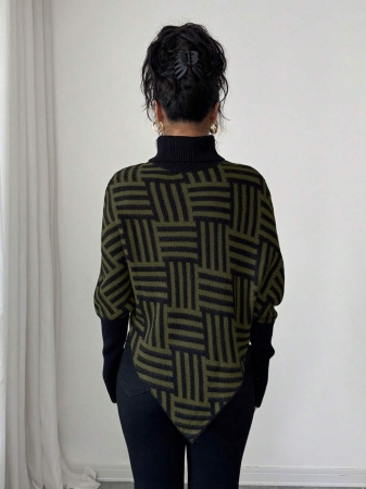 Elenzga Women's Elegant High Neck Geometric Textured Poncho Sweater, Colorblock, Suitable For Home & Travel, Spring/Autumn - Image 21