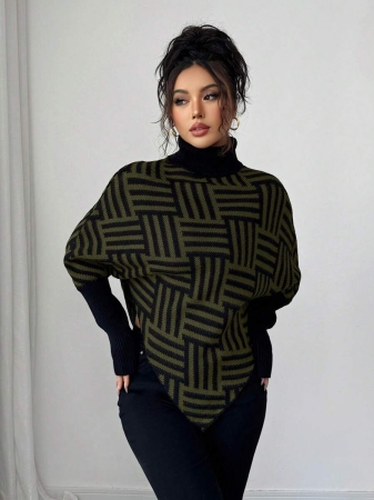 Elenzga Women's Elegant High Neck Geometric Textured Poncho Sweater, Colorblock, Suitable For Home & Travel, Spring/Autumn - Image 23