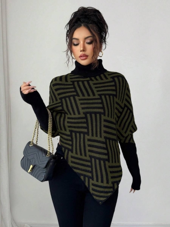 Elenzga Women's Elegant High Neck Geometric Textured Poncho Sweater, Colorblock, Suitable For Home & Travel, Spring/Autumn - Image 25