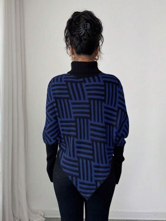 Elenzga Women's Elegant High Neck Geometric Textured Poncho Sweater, Colorblock, Suitable For Home & Travel, Spring/Autumn - Image 33