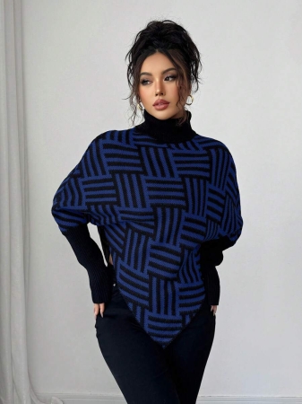 Elenzga Women's Elegant High Neck Geometric Textured Poncho Sweater, Colorblock, Suitable For Home & Travel, Spring/Autumn - Image 34