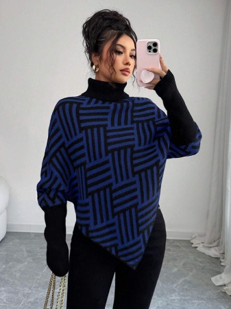 Elenzga Women's Elegant High Neck Geometric Textured Poncho Sweater, Colorblock, Suitable For Home & Travel, Spring/Autumn - Image 36