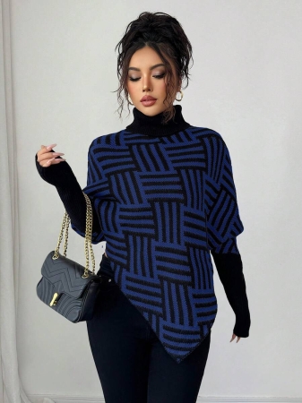 Elenzga Women's Elegant High Neck Geometric Textured Poncho Sweater, Colorblock, Suitable For Home & Travel, Spring/Autumn - Image 37