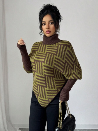 Elenzga Women's Elegant High Neck Geometric Textured Poncho Sweater, Colorblock, Suitable For Home & Travel, Spring/Autumn - Image 40