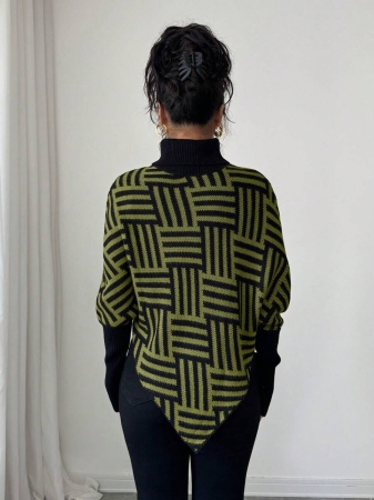 Elenzga Women's Elegant High Neck Geometric Textured Poncho Sweater, Colorblock, Suitable For Home & Travel, Spring/Autumn - Image 47