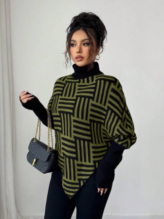 Elenzga Women's Elegant High Neck Geometric Textured Poncho Sweater, Colorblock, Suitable For Home & Travel, Spring/Autumn - Image 49