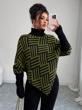 Elenzga Women's Elegant High Neck Geometric Textured Poncho Sweater, Colorblock, Suitable For Home & Travel, Spring/Autumn - Image 50