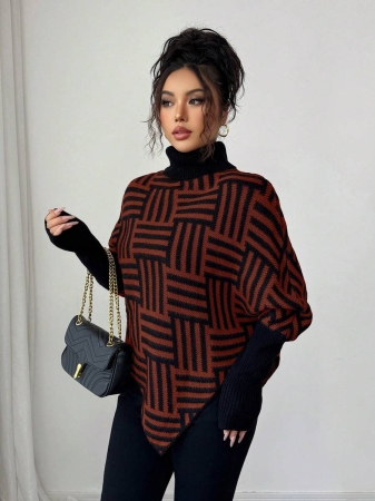 Elenzga Women's Elegant High Neck Geometric Textured Poncho Sweater, Colorblock, Suitable For Home & Travel, Spring/Autumn - Image 54