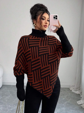 Elenzga Women's Elegant High Neck Geometric Textured Poncho Sweater, Colorblock, Suitable For Home & Travel, Spring/Autumn - Image 55