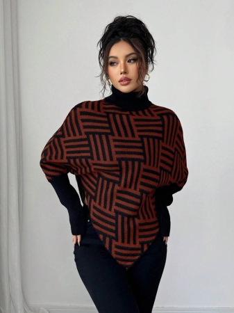 Elenzga Women's Elegant High Neck Geometric Textured Poncho Sweater, Colorblock, Suitable For Home & Travel, Spring/Autumn - Image 56