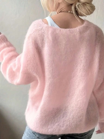 Women's Plush Mohair Blend Sweater | Dusty Pink V-Neck Fall Winter Pullover | Soft Dropped Shoulder Knit Top For Cool Weather And Everyday Coziness - Image 3