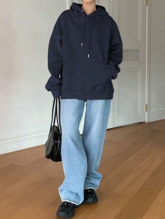 -Less Women's Plain Drop Shoulder Long Sleeve Drawstring Hooded Fleece Sweatshirt For Autumn/Winter, Long Sleeve Tops, Fall Women Clothes - White And Navy Off-The-Shoulder Cropped Top - Unisex - Image 3