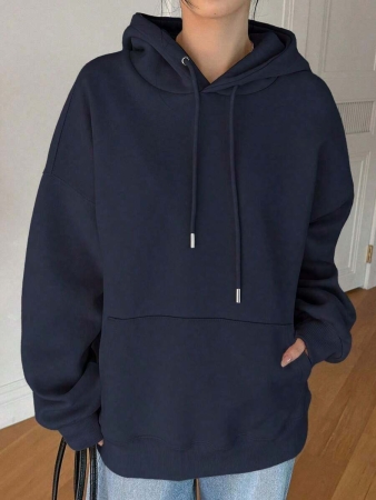 -Less Women's Plain Drop Shoulder Long Sleeve Drawstring Hooded Fleece Sweatshirt For Autumn/Winter, Long Sleeve Tops, Fall Women Clothes - White And Navy Off-The-Shoulder Cropped Top - Unisex - Image 4