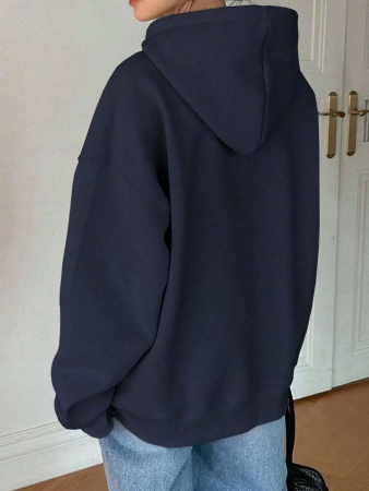 -Less Women's Plain Drop Shoulder Long Sleeve Drawstring Hooded Fleece Sweatshirt For Autumn/Winter, Long Sleeve Tops, Fall Women Clothes - White And Navy Off-The-Shoulder Cropped Top - Unisex - Image 5