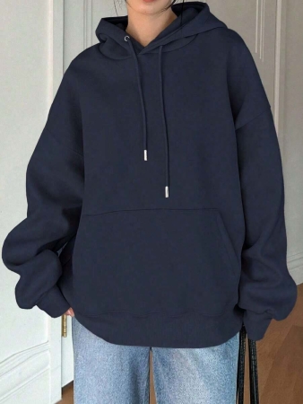 -Less Women's Plain Drop Shoulder Long Sleeve Drawstring Hooded Fleece Sweatshirt For Autumn/Winter, Long Sleeve Tops, Fall Women Clothes - White And Navy Off-The-Shoulder Cropped Top - Unisex - Image 6