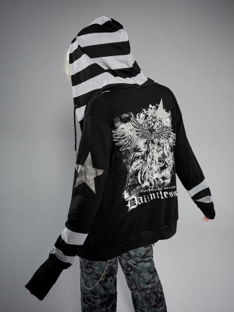 ROMWE Grunge Punk Striped Letter Wings Graphic Zip Up Hoodie - Image 2