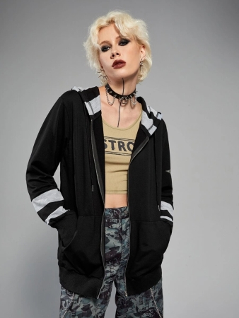 ROMWE Grunge Punk Striped Letter Wings Graphic Zip Up Hoodie - Image 4