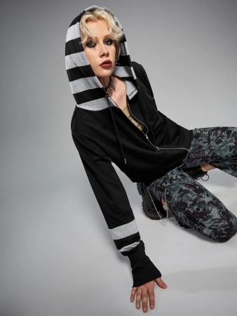 ROMWE Grunge Punk Striped Letter Wings Graphic Zip Up Hoodie - Image 5