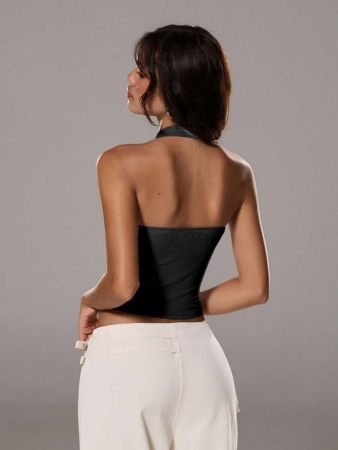 TRNVIE Elegant High Street Halter Neck Circular Buckle Decor Light Blue Women Tank Top, Spring/Summer - Image 3