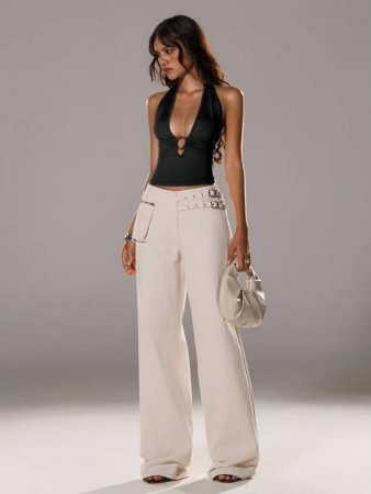 TRNVIE Elegant High Street Halter Neck Circular Buckle Decor Light Blue Women Tank Top, Spring/Summer - Image 5