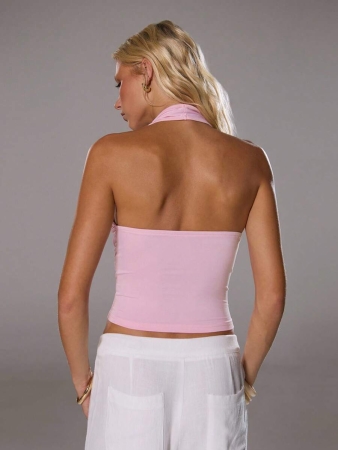 TRNVIE Elegant High Street Halter Neck Circular Buckle Decor Light Blue Women Tank Top, Spring/Summer - Image 25