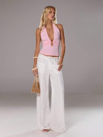 TRNVIE Elegant High Street Halter Neck Circular Buckle Decor Light Blue Women Tank Top, Spring/Summer - Image 27