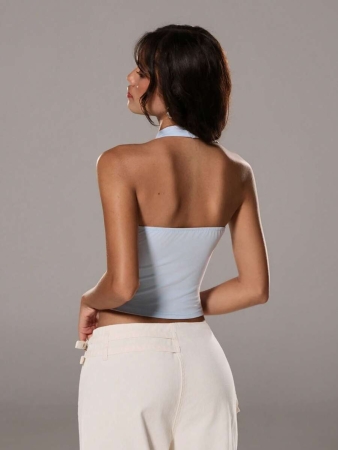 TRNVIE Elegant High Street Halter Neck Circular Buckle Decor Light Blue Women Tank Top, Spring/Summer - Image 45