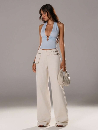 TRNVIE Elegant High Street Halter Neck Circular Buckle Decor Light Blue Women Tank Top, Spring/Summer - Image 46