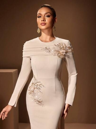 Women's Solid Color Round Neck Embellished Elegant Long Sleeve Maxi Dress With Ruffle Design, Soft Shawl Collar, Suitable For Formal Occasions Like Gala, Party, Banquet