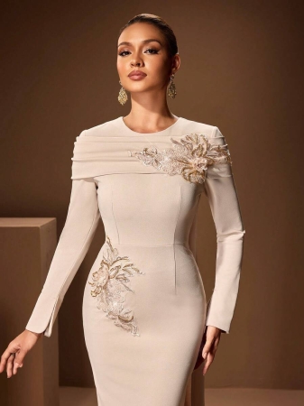 Women's Solid Color Round Neck Embellished Elegant Long Sleeve Maxi Dress With Ruffle Design, Soft Shawl Collar, Suitable For Formal Occasions Like Gala, Party, Banquet - Image 2