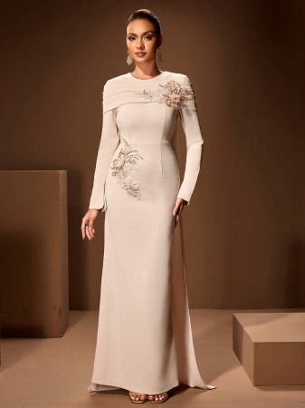 Women's Solid Color Round Neck Embellished Elegant Long Sleeve Maxi Dress With Ruffle Design, Soft Shawl Collar, Suitable For Formal Occasions Like Gala, Party, Banquet - Image 3