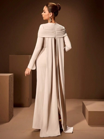 Women's Solid Color Round Neck Embellished Elegant Long Sleeve Maxi Dress With Ruffle Design, Soft Shawl Collar, Suitable For Formal Occasions Like Gala, Party, Banquet - Image 4