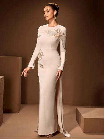 Women's Solid Color Round Neck Embellished Elegant Long Sleeve Maxi Dress With Ruffle Design, Soft Shawl Collar, Suitable For Formal Occasions Like Gala, Party, Banquet - Image 5