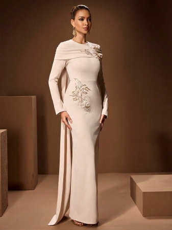 Women's Solid Color Round Neck Embellished Elegant Long Sleeve Maxi Dress With Ruffle Design, Soft Shawl Collar, Suitable For Formal Occasions Like Gala, Party, Banquet - Image 6