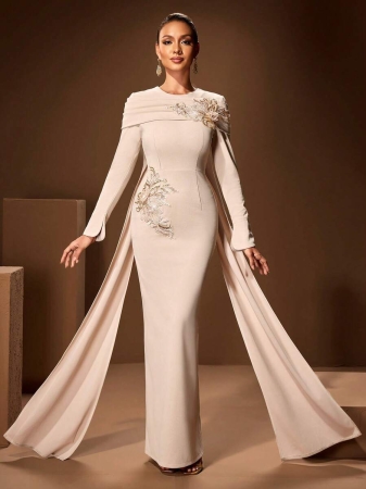 Women's Solid Color Round Neck Embellished Elegant Long Sleeve Maxi Dress With Ruffle Design, Soft Shawl Collar, Suitable For Formal Occasions Like Gala, Party, Banquet - Image 7