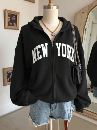 SHEIN Women's Autumn Letter Print Drop Shoulder Long Sleeve Zipper Front Pocket Casual Hoodie - Image 2