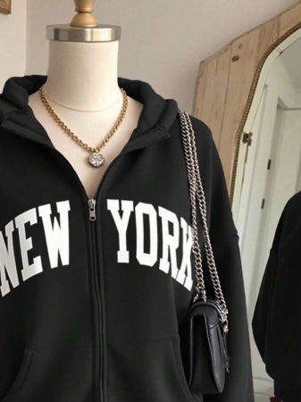 SHEIN Women's Autumn Letter Print Drop Shoulder Long Sleeve Zipper Front Pocket Casual Hoodie - Image 4