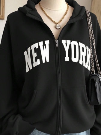 SHEIN Women's Autumn Letter Print Drop Shoulder Long Sleeve Zipper Front Pocket Casual Hoodie - Image 5