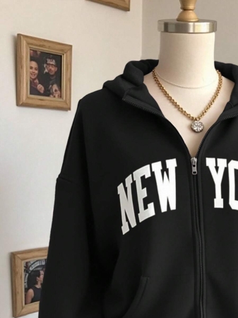 SHEIN Women's Autumn Letter Print Drop Shoulder Long Sleeve Zipper Front Pocket Casual Hoodie - Image 6