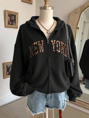 SHEIN Women's Autumn Letter Print Drop Shoulder Long Sleeve Zipper Front Pocket Casual Hoodie - Image 8