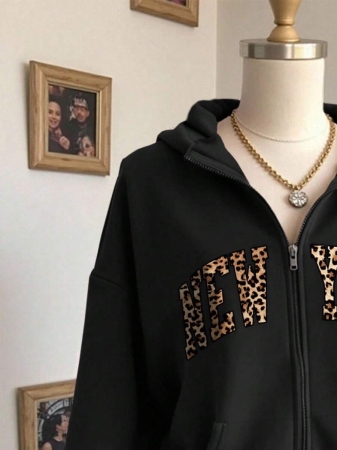 SHEIN Women's Autumn Letter Print Drop Shoulder Long Sleeve Zipper Front Pocket Casual Hoodie - Image 10