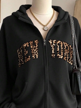 SHEIN Women's Autumn Letter Print Drop Shoulder Long Sleeve Zipper Front Pocket Casual Hoodie - Image 11