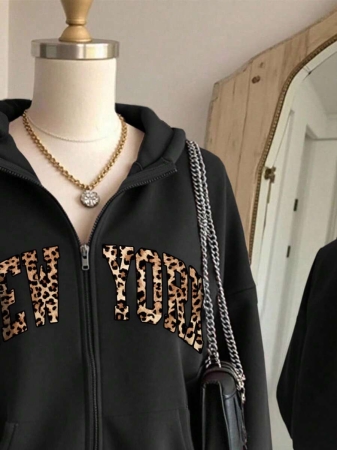 SHEIN Women's Autumn Letter Print Drop Shoulder Long Sleeve Zipper Front Pocket Casual Hoodie - Image 12