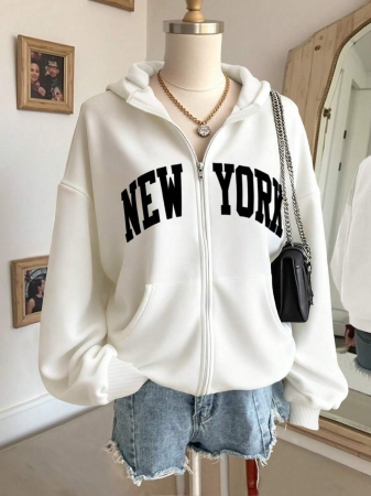 SHEIN Women's Autumn Letter Print Drop Shoulder Long Sleeve Zipper Front Pocket Casual Hoodie - Image 13