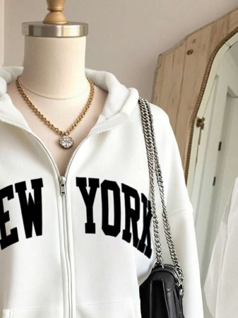 SHEIN Women's Autumn Letter Print Drop Shoulder Long Sleeve Zipper Front Pocket Casual Hoodie - Image 15