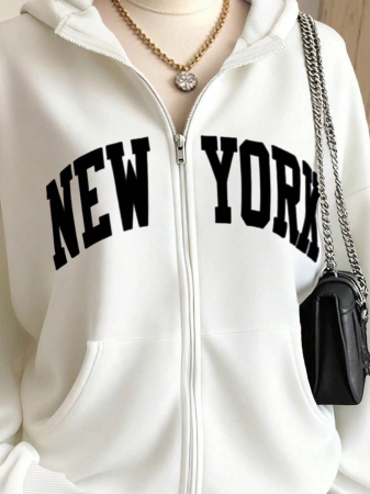 SHEIN Women's Autumn Letter Print Drop Shoulder Long Sleeve Zipper Front Pocket Casual Hoodie - Image 16