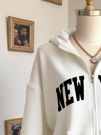 SHEIN Women's Autumn Letter Print Drop Shoulder Long Sleeve Zipper Front Pocket Casual Hoodie - Image 17